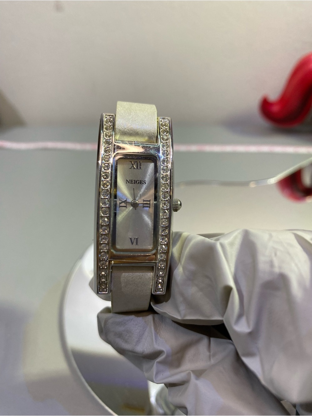 Lise Watier Neiges Silver Crystal Quartz  Rectangular Watch -  Leather Strap